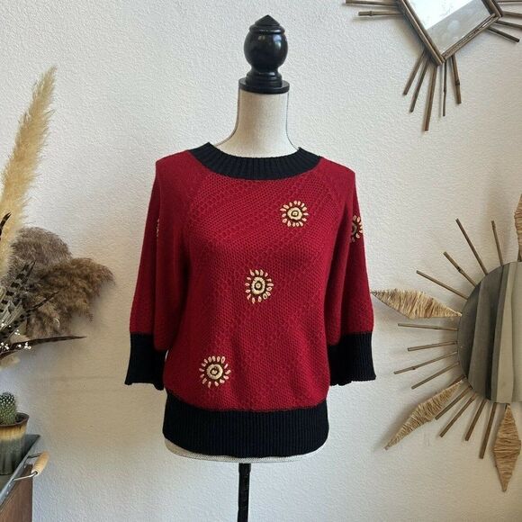 Vintage Red & Black Embroidered Sun Knit Women’s Pullover Top Medium - Picture 1 of 8